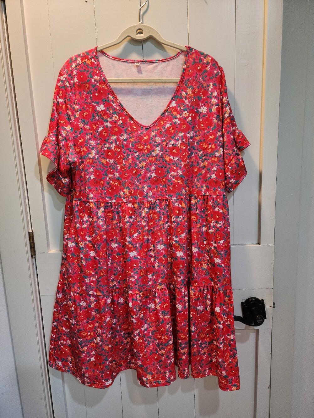 Red Floral V-Neck Tiered Swing Dress 2X